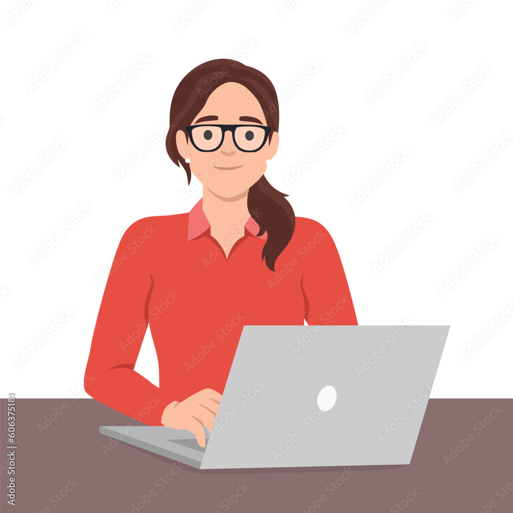 Pretty woman is sitting at desktop. Office employee at the workplace. Work at the laptop. Flat vector illustration isolated on white background Pretty woman is sitting at desktop. Office employee at the workplace. Work at the laptop. Flat vector illustration isolated on white background