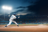Powerful serve unrecognizable Professional baseball player in motion action during match at stadium over blue evening sky with spotlights, Concept of movement and action sport lifestyle
