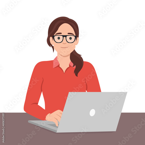 Pretty woman is sitting at desktop. Office employee at the workplace. Work at the laptop. Flat vector illustration isolated on white background