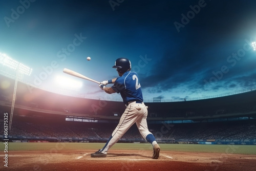 Powerful shot unrecognizable Professional baseball player in motion action during match at stadium over blue evening sky with spotlights, Concept of movement and action sport lifestyle © alisaaa