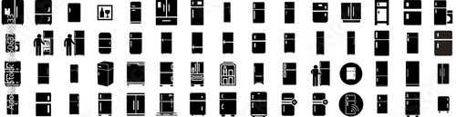 Set Of Refrigerator Icons Isolated Silhouette Solid Icon With Refrigerator, Kitchen, Modern, Equipment, Fridge, Food, Home Infographic Simple Vector Illustration Logo