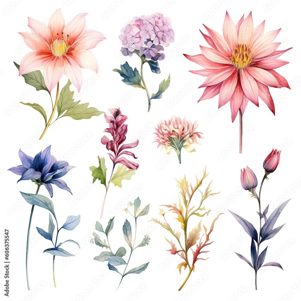 set of watercolor flowers, Generative AI