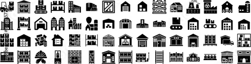 Set Of Warehouse Icons Isolated Silhouette Solid Icon With Industry, Industrial, Box, Distribution, Storage, Warehouse, Goods Infographic Simple Vector Illustration Logo