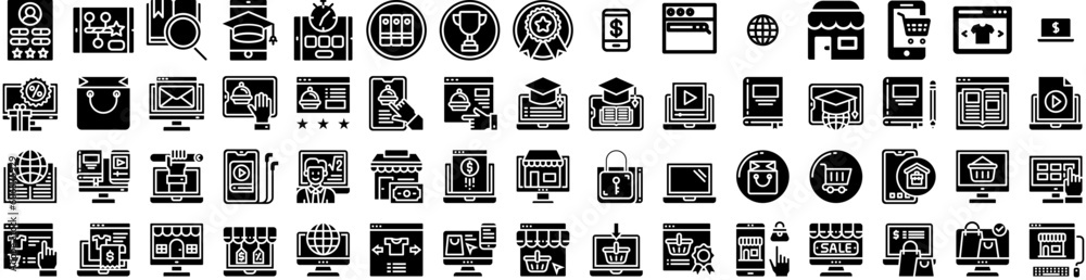 Set Of Online Icons Isolated Silhouette Solid Icon With Store, Internet, Online, Concept, Technology, Business, Digital Infographic Simple Vector Illustration Logo Set Of Online Icons Isolated Silhouette Solid Icon With Store, Internet, Online, Concept, Technology, Business, Digital Infographic Simple Vector Illustration Logo