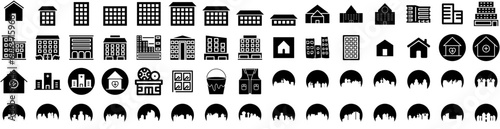 Set Of Building Icons Isolated Silhouette Solid Icon With Building, Office, Urban, City, Construction, Business, Architecture Infographic Simple Vector Illustration Logo