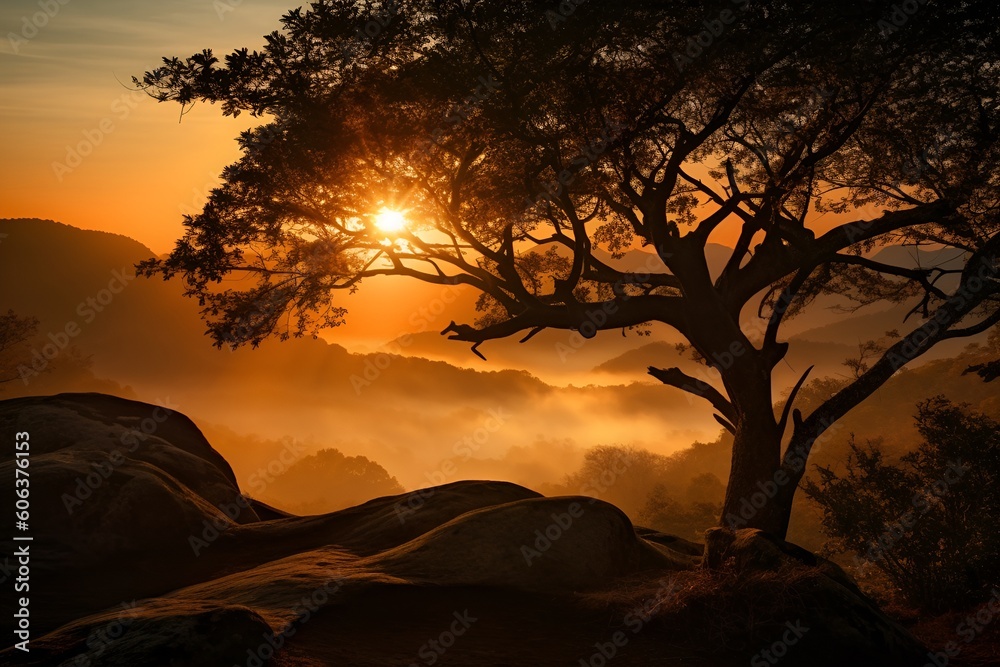 A stunning natural landscape at sunrise or sunset - Generative AI A stunning natural landscape at sunrise or sunset - Generative AI