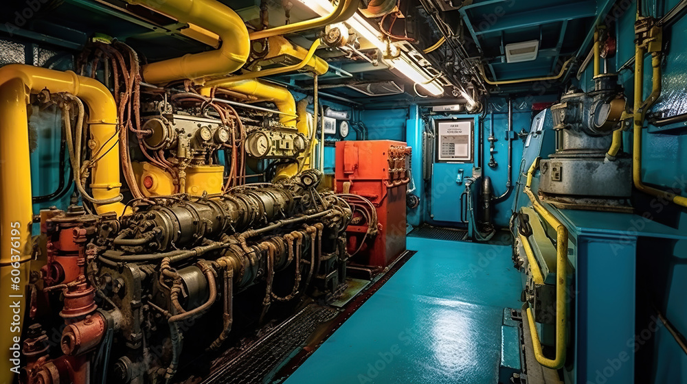 Engine room on a cargo boat ship. Generative Ai