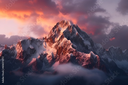 A snow-capped mountain range at sunrise - Generative AI