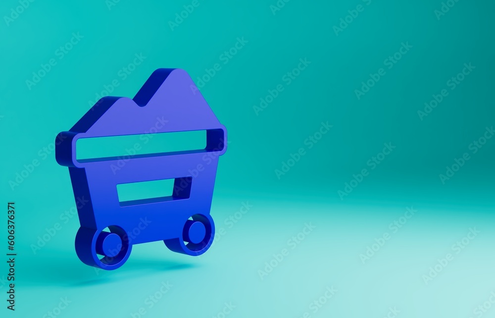 Blue Coal mine trolley icon isolated on blue background. Factory coal mine trolley. Minimalism concept. 3D render illustration