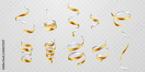 Golden confetti and zigzag ribbon falling from above Streamers, tinsel vector