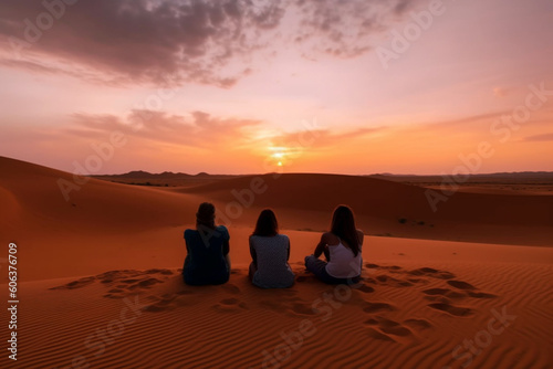 Rear view of friends sitting on sand at Sahara Desert against sky during sunset