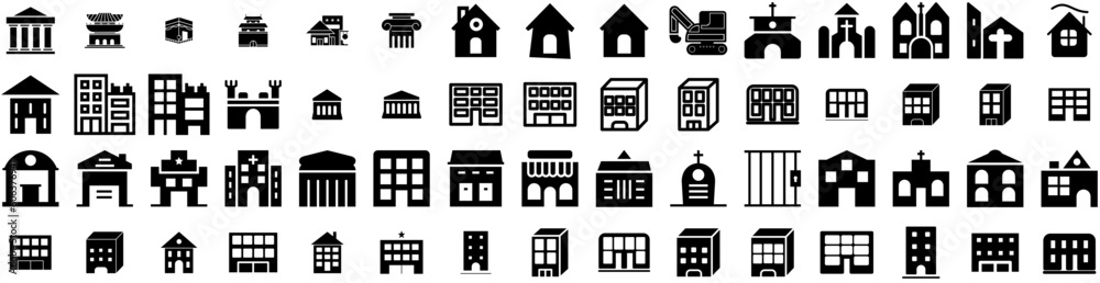 Set Of Building Icons Isolated Silhouette Solid Icon With City, Business, Building, Office, Architecture, Urban, Construction Infographic Simple Vector Illustration Logo