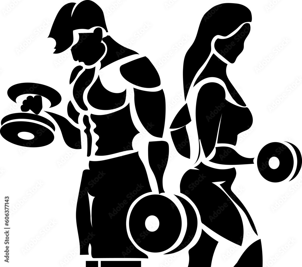 Black stylized silhouette. A guy and a girl of athletic build train with dumbbells. Black stylized silhouette. A guy and a girl of athletic build train with dumbbells.
