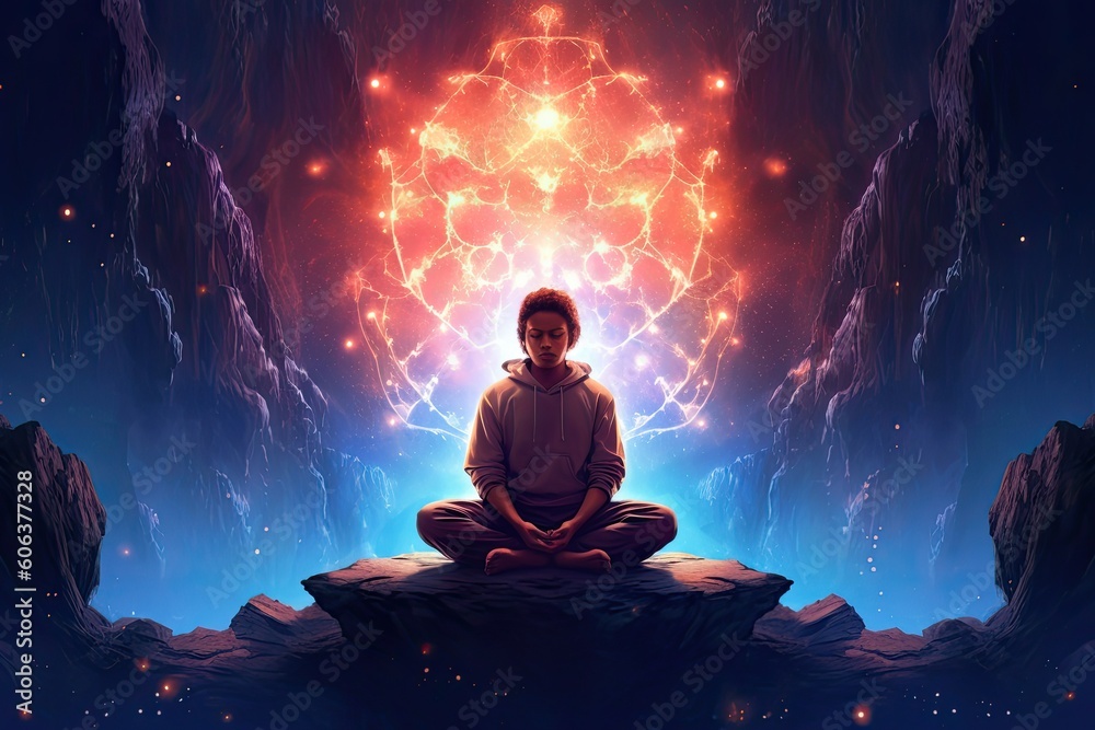 Meditating in the universe, representing the tranquility and serenity of the human being. Generative AI Meditating in the universe, representing the tranquility and serenity of the human being. Generative AI