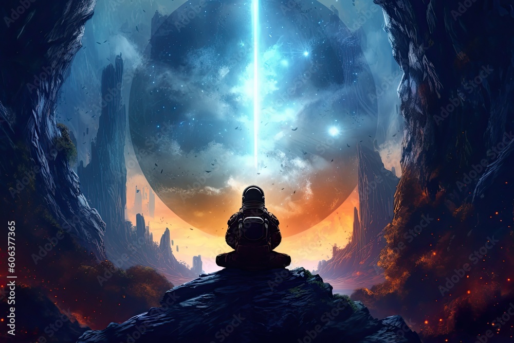 Meditating in the universe, representing the tranquility and serenity of the human being. Generative AI Meditating in the universe, representing the tranquility and serenity of the human being. Generative AI