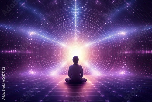 Meditating in the universe, representing the tranquility and serenity of the human being. Generative AI