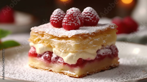 raspberry mille feuille dessert on a white plate  Generative Ai