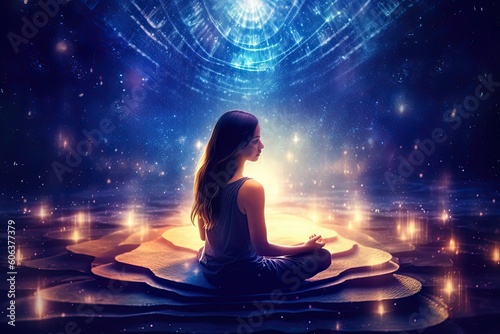 Meditating in the universe  representing the tranquility and serenity of the human being. Generative AI