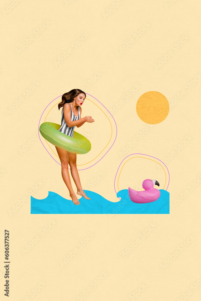 Poster collage banner of beautiful lady enjoy summer resort holiday activity dive into sea pool water