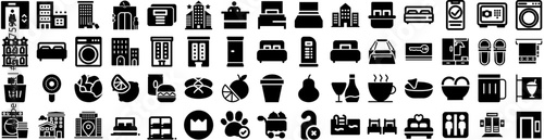 Set Of Hotel Icons Isolated Silhouette Solid Icon With Room, Service, Vacation, Travel, Woman, Hotel, Bed Infographic Simple Vector Illustration Logo