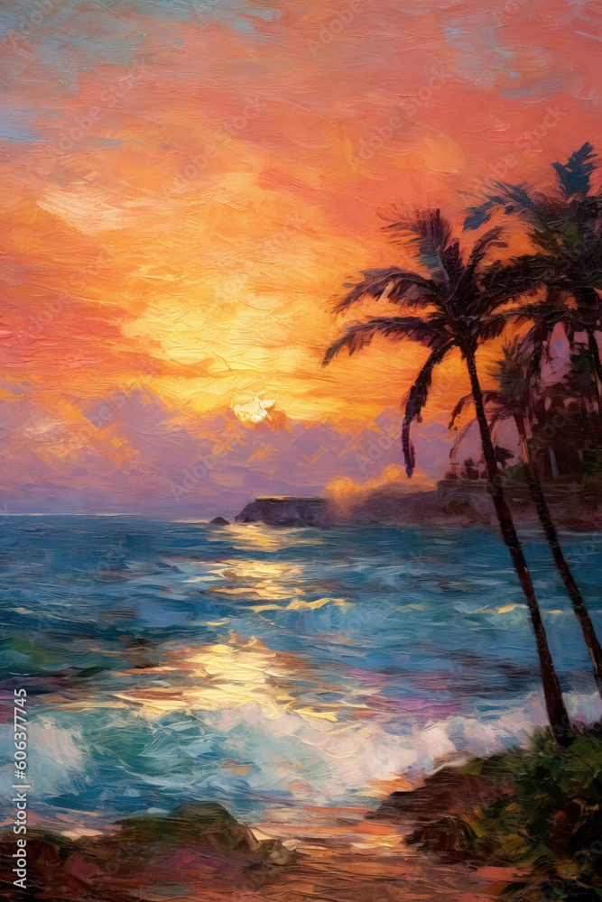Oil painting of palm trees on the seashore at sunset