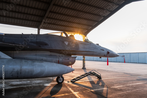Bilde på lerret Close up under aircraft military parking is port check and Maintenace after fly by park against sun light background