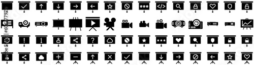 Set Of Projector Icons Isolated Silhouette Solid Icon With Presentation, Video, Screen, Projector, Cinema, Movie, Film Infographic Simple Vector Illustration Logo