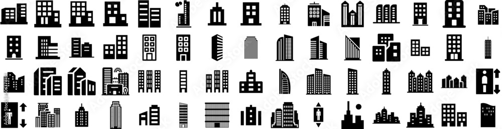 Set Of Skyscraper Icons Isolated Silhouette Solid Icon With City, Skyscraper, Urban, Tower, Business, Office, Architecture Infographic Simple Vector Illustration Logo