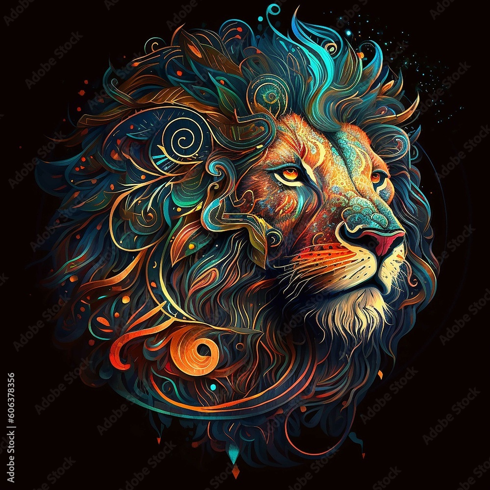 Lion, The Head Of A Lion In A Multi Colored Flame On Black Background.