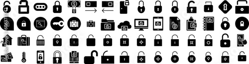 Set Of Unlock Icons Isolated Silhouette Solid Icon With Vector, Safe, Lock, Open, Key, Password, Unlock Infographic Simple Vector Illustration Logo