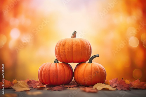 Three ripe pumpkins with autumn leaves  Generative AI