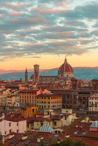 Panoramic view of Florence from Piazzale Michelangelo at sunrise. Cathedral of Santa Maria del Fiore and the streets of an ancient Italian city.