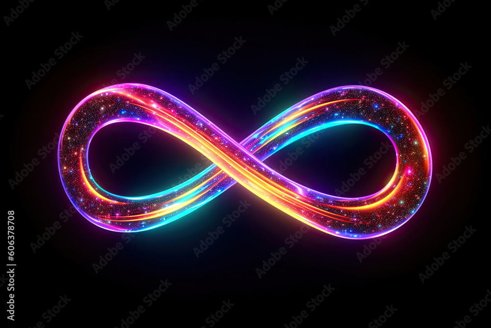 Abstract colorful neon infinity symbol on dark background, Generative AI - obrazy, fototapety, plakaty 
