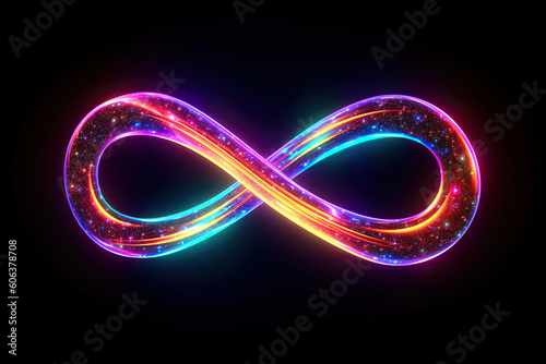 Abstract colorful neon infinity symbol on dark background, Generative AI