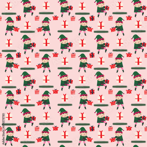 Christmass seamless pattern with Elf and Gifts.