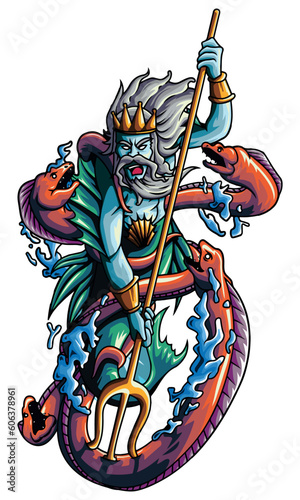 Vector illustration of sea god Neptune fighting a sea monster