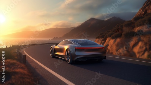 A digitally rendered 3D animation portraying a cutting-edge solar-powered vehicle cruising along a scenic coastal road, ai generated © mariof