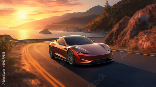 A digitally rendered 3D animation portraying a cutting-edge solar-powered vehicle cruising along a scenic coastal road, ai generated © mariof