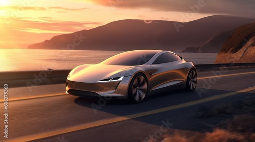 A digitally rendered 3D animation portraying a cutting-edge solar-powered vehicle cruising along a scenic coastal road  ai generated