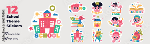 Education stickers concept with character situations set. Collection of scenes people learning at school, studying at lessons, reading books, create painting. Vector illustrations in flat web design