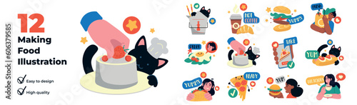 Making food concept with character situations set. Collection of scenes people with cat doing cakes, buy fresh vegetables, eat different dishes and drinking. Vector illustrations in flat web design