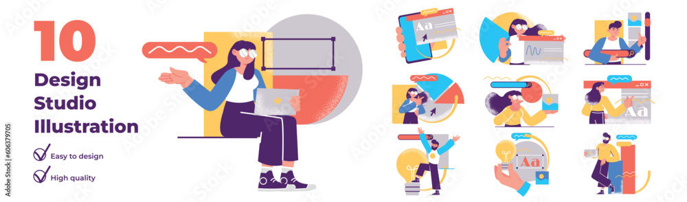 Design studio concept with character situations set. Collection of ...