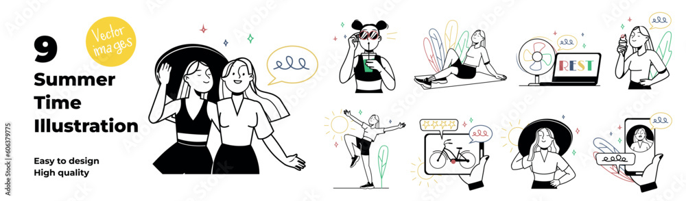Summertime concept with character situations set. Collection of scenes people relaxing and resting outdoors, pastime with friends, sunbathing, eating ice cream. Vector illustrations in flat web design Summertime concept with character situations set. Collection of scenes people relaxing and resting outdoors, pastime with friends, sunbathing, eating ice cream. Vector illustrations in flat web design