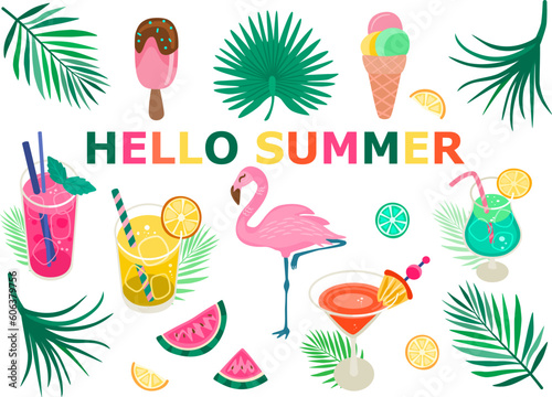 Hello summer elements set. Tropical leaves, cocktails, ice cream, fruits, flamingo. Beach party poster.