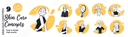 Beauty care concept with character situations set. Collection of scenes people with different women making hair and skin treatment procedure with cosmetics. Vector illustrations in flat web design