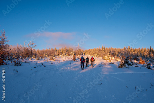 ski group starts in the morning sun, Mt lysa in Beskid Mountains czech photo
