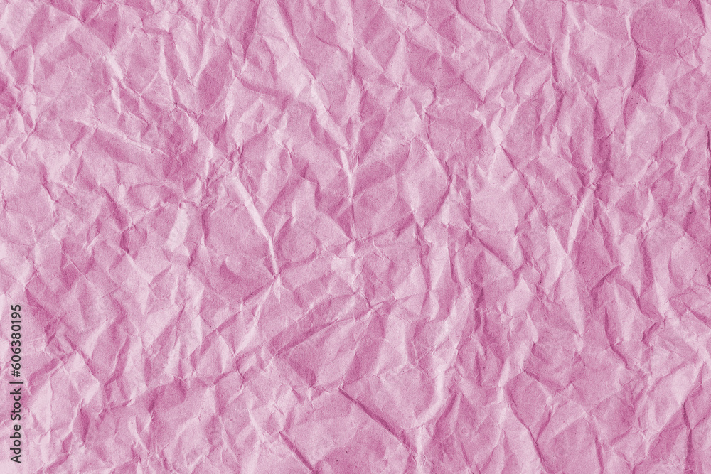 Recycled crumpled pink paper texture background. Wrinkled and creased abstract backdrop, wallpaper with copy space, top view. - obrazy, fototapety, plakaty 