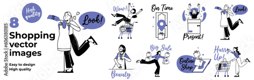 Shopping concept with character situations set. Collection of scenes people fitting new dress, buying goods in supermarket, order delivery, purchasing at sale. Vector illustrations in flat web design