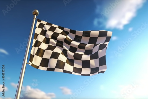 Racing flag waving 3D Render with flagpole and blue sky Formula One finish flag textile auto race track or auto racing on Formula 1 FIA World Endurance Championship and WTCC, 3d illustration © alisaaa