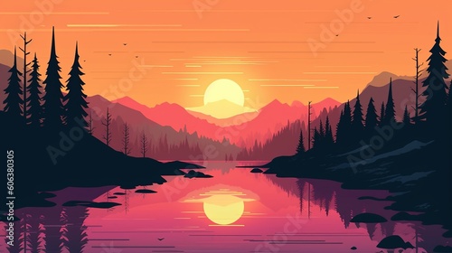 Illustration of stunning landscape minimalism vector art. Purple colors, sunset. View of the lake and mountains. Generative ai. © Svfotoroom